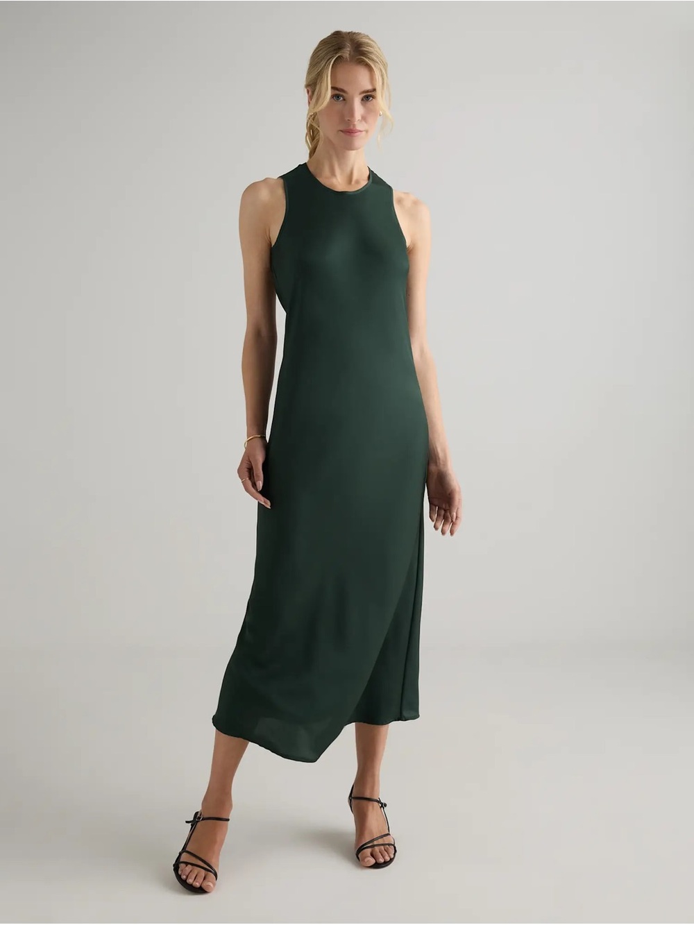 Quince - Sleeveless Forest Green Maxi Dress with High Neck Washable Silk